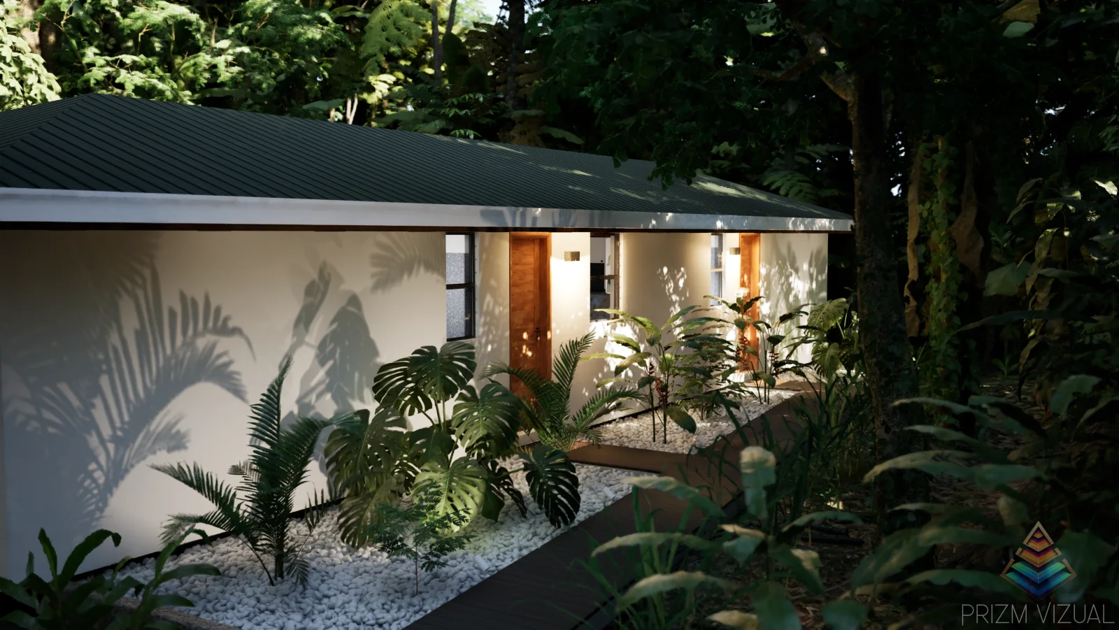 Portasol Bungalow exterior at dusk surrounded by jungle, Unreal Engine 5 rendering