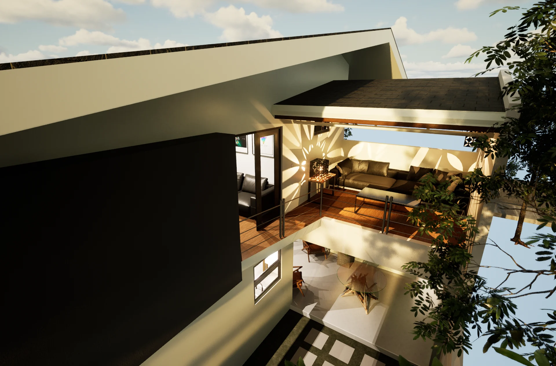 Aerial view of a rooftop terrace and courtyard at dusk, Unreal Engine 5 architectural visualization
